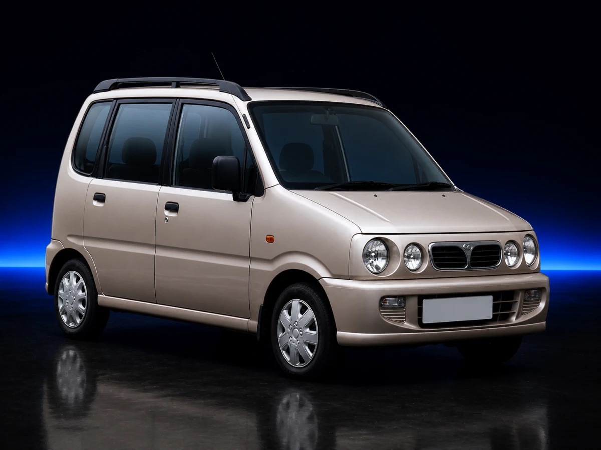 Beige Perodua Kenari I L900 EZ five-door mini MPV on a deep navy and cobalt studio background.