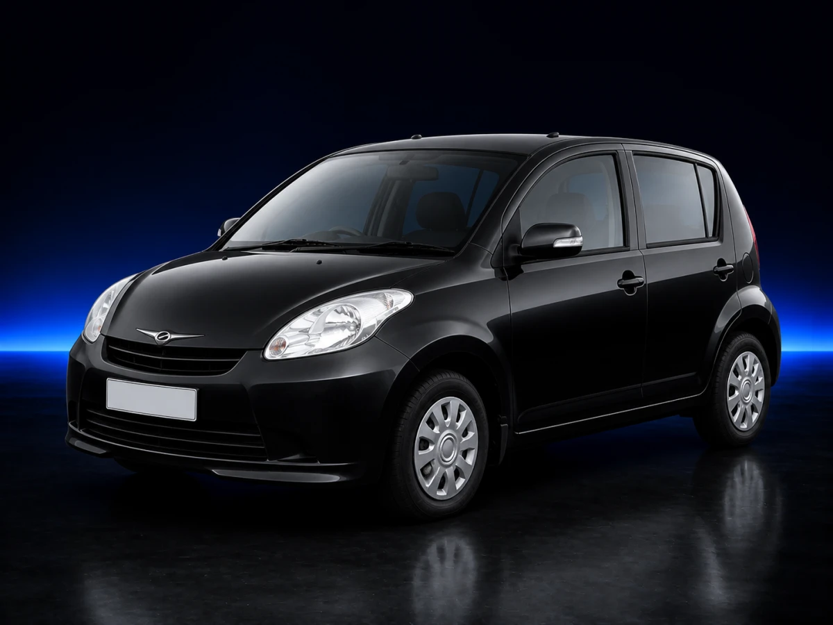 Black Perodua Myvi I M300 SXi five-door hatchback on a deep navy and cobalt studio background.