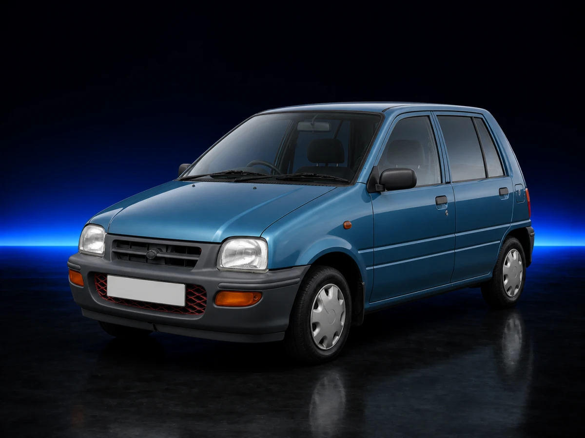 Blue-green Perodua Nippa I L200 EX five-door hatchback on a deep navy and cobalt studio background.