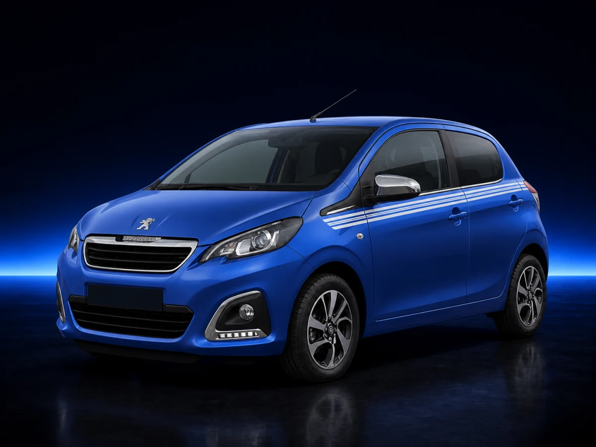 Blue Peugeot 108 facelift on a deep navy and cobalt studio background.