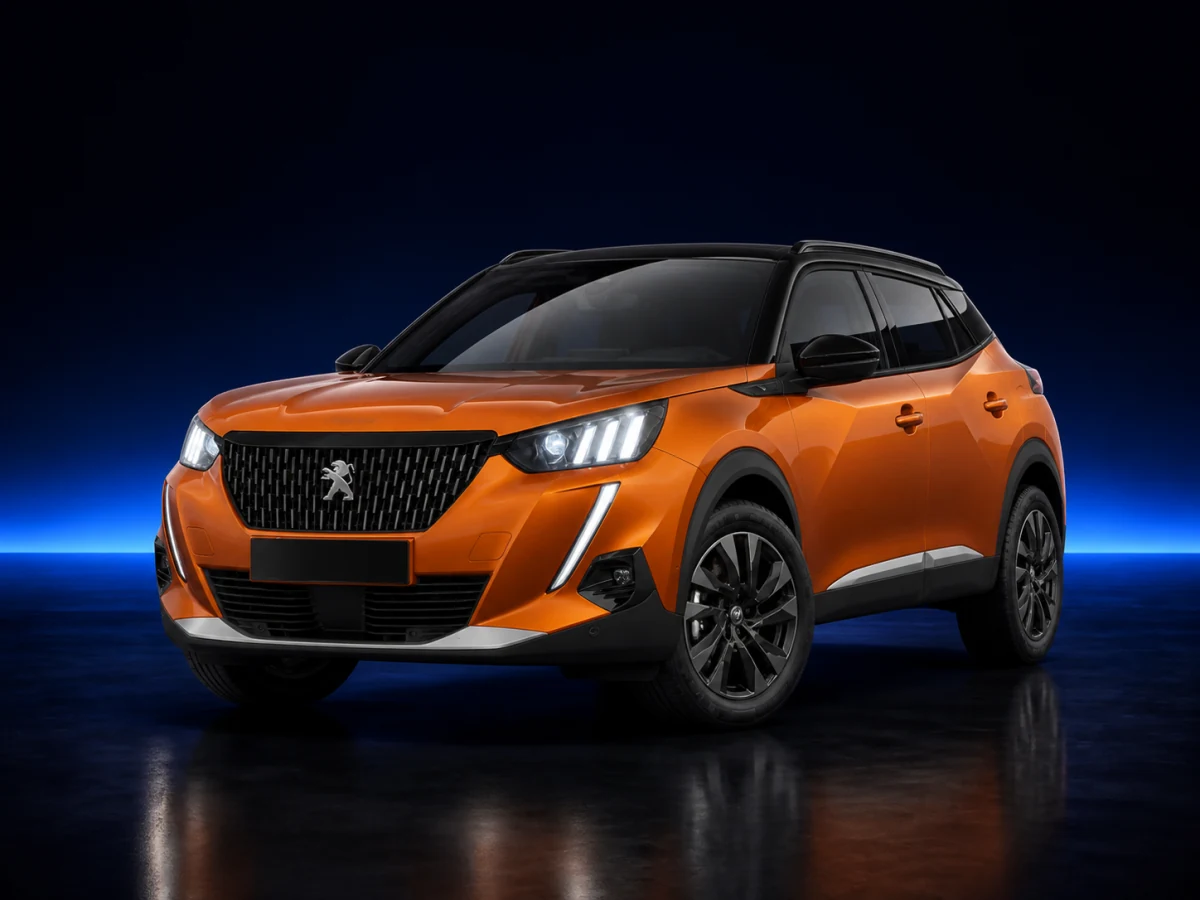 Orange Peugeot 2008 II GT on a deep navy and cobalt studio background.
