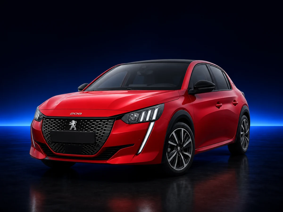 Red Peugeot 208 II GT Line on a deep navy and cobalt studio background.