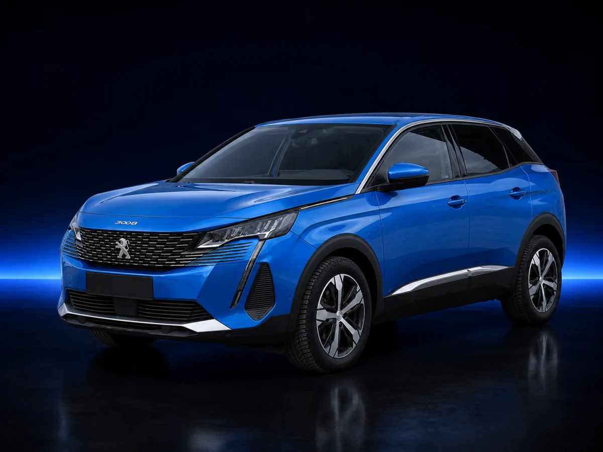 Blue Peugeot 3008 II facelift on a deep navy and cobalt studio background.