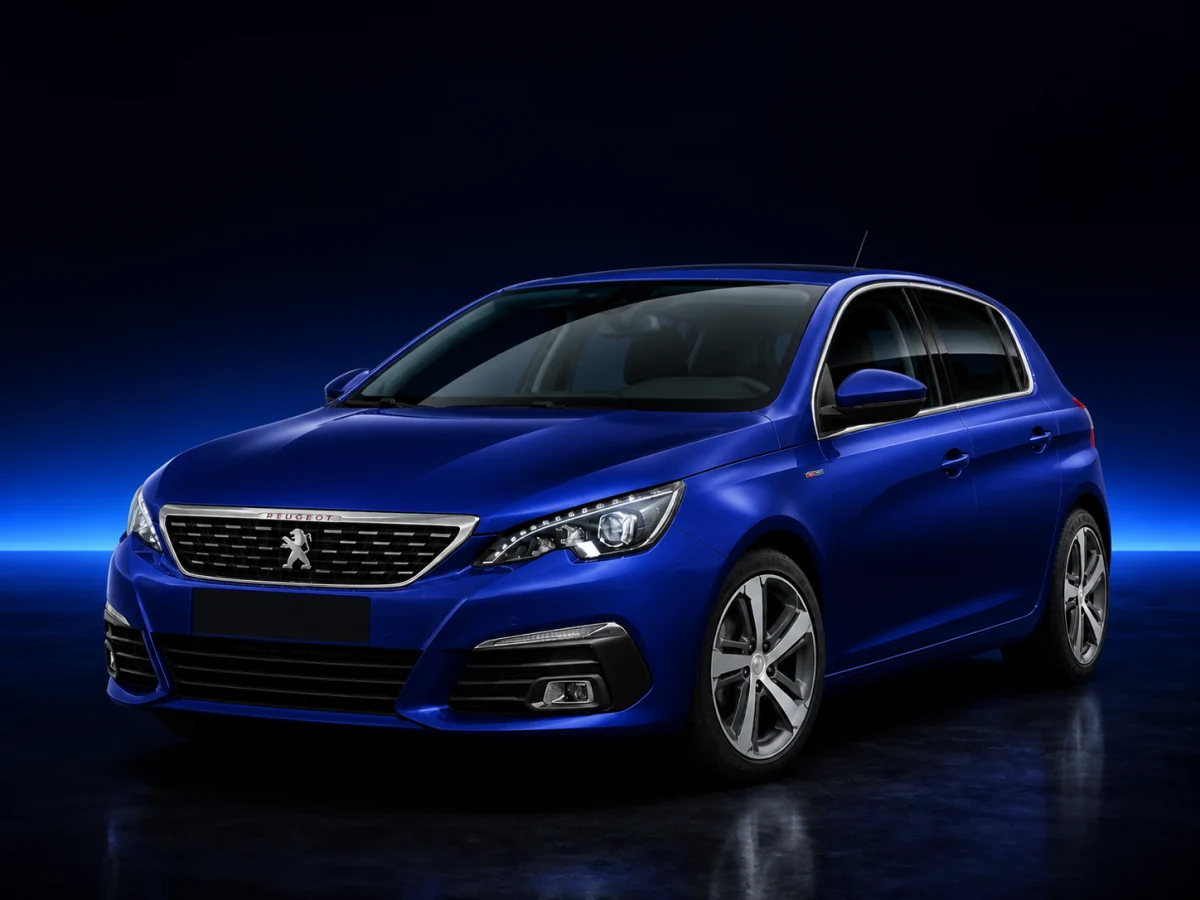 Blue Peugeot 308 II GT Line on a deep navy and cobalt studio background.