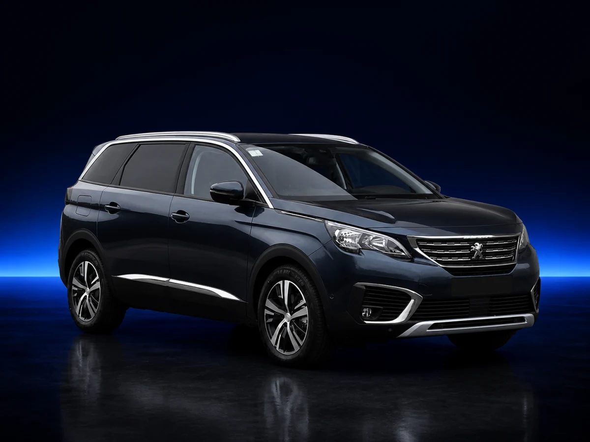 Black Peugeot 5008 II on a deep navy and cobalt studio background.