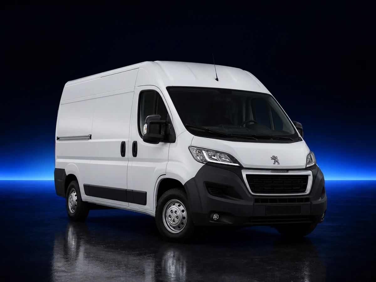 White Peugeot Boxer X290 panel van on a deep navy and cobalt studio background.