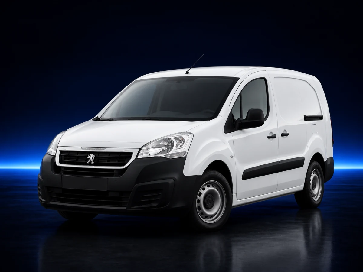 White Peugeot Partner B9 panel van on a deep navy and cobalt studio background.