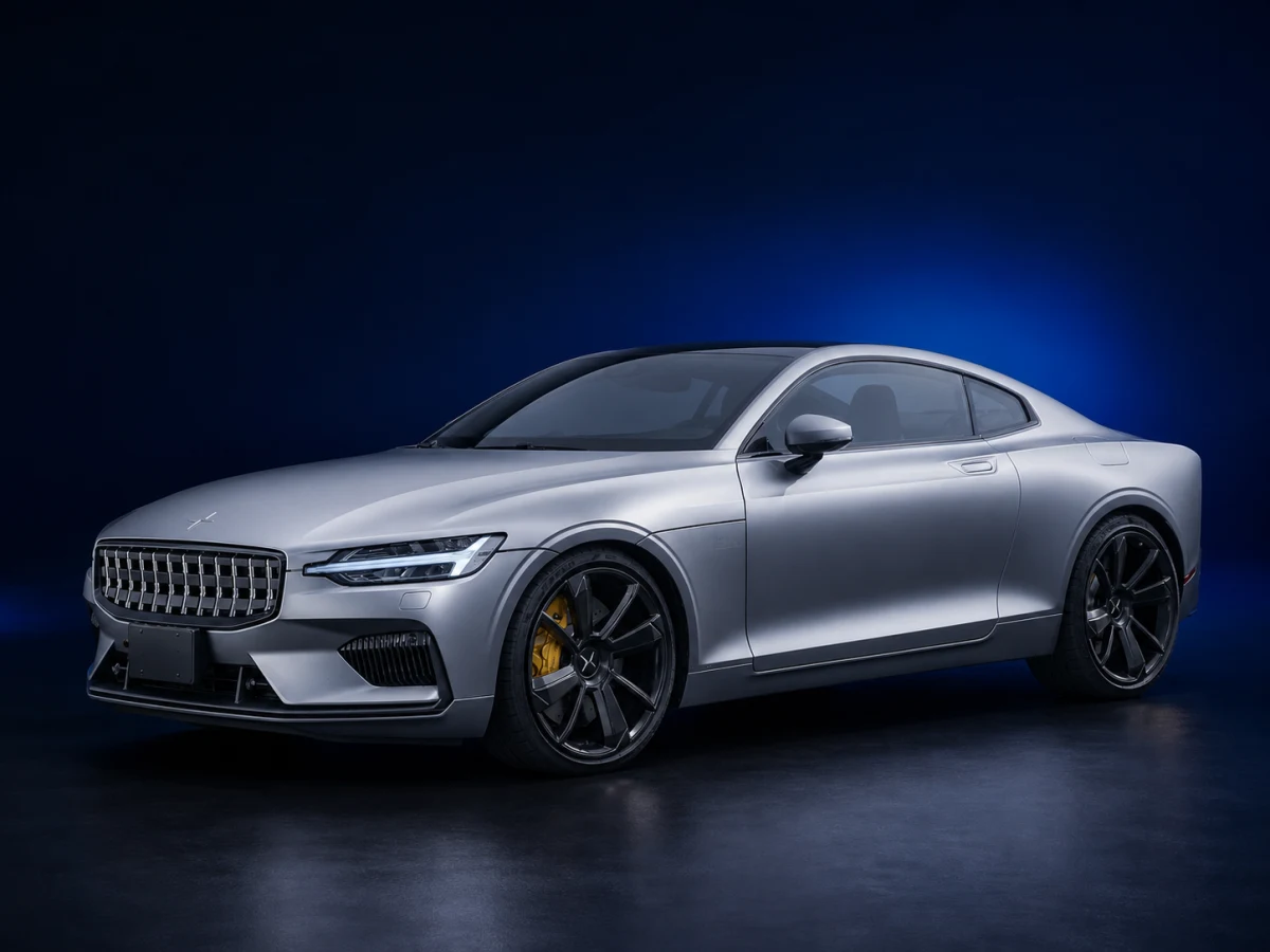 Magnesium Polestar 1 first-generation coupe on a deep navy and cobalt studio background.
