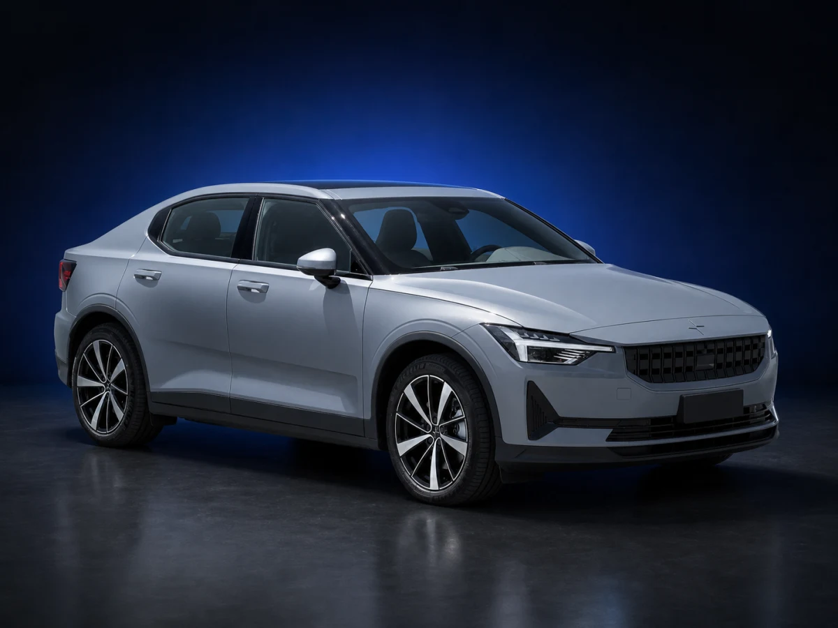 Thunder grey Polestar 2 first-generation liftback EV on a deep navy and cobalt studio background.
