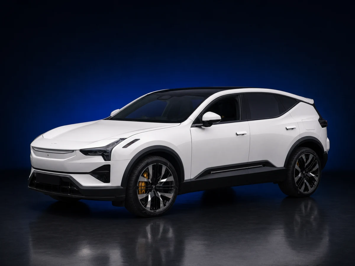 Snow white Polestar 3 first-generation AWD SUV on a deep navy and cobalt studio background.