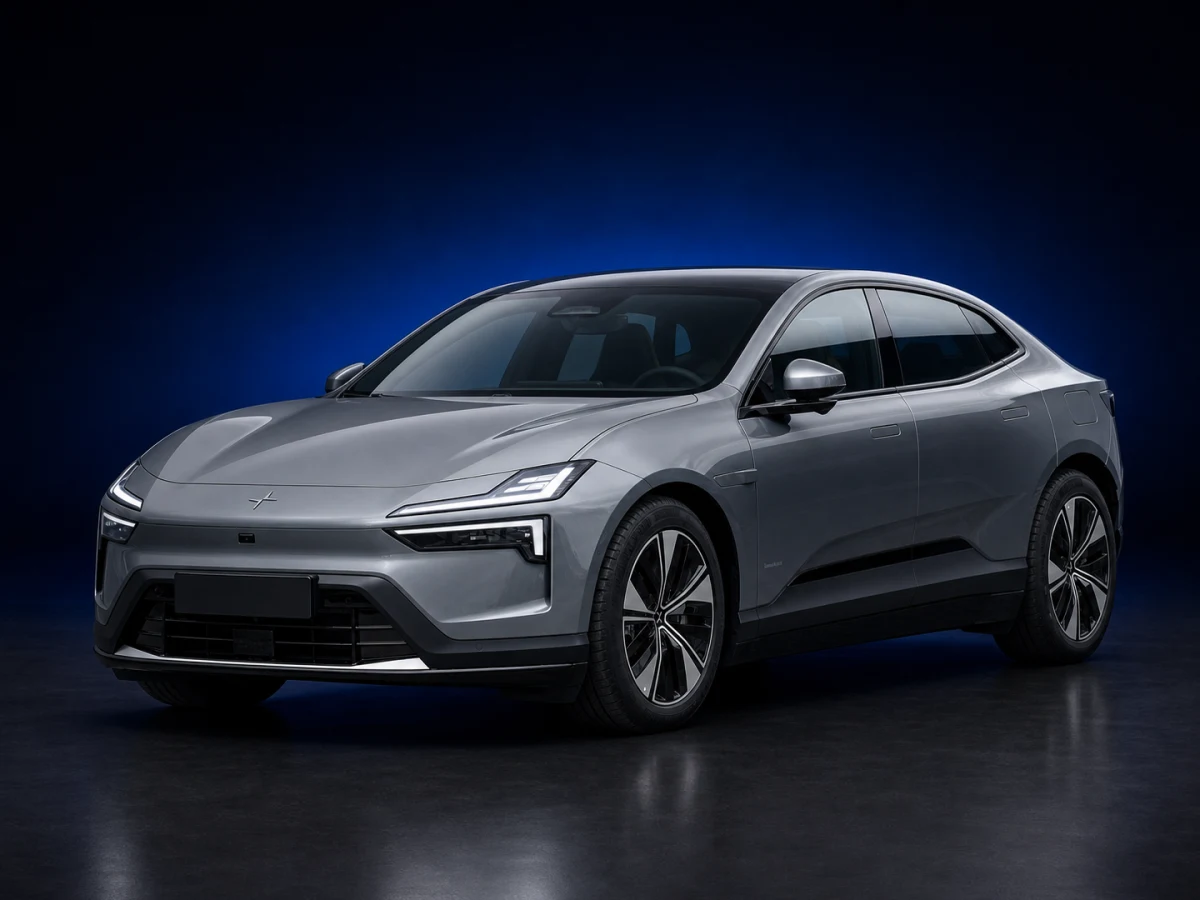Grey Polestar 4 first-generation fastback SUV on a deep navy and cobalt studio background.
