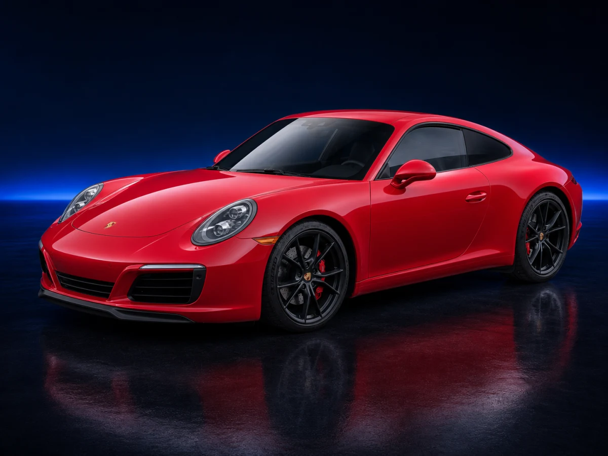 Red Porsche 911 991.2 coupe on a deep navy and cobalt studio background.