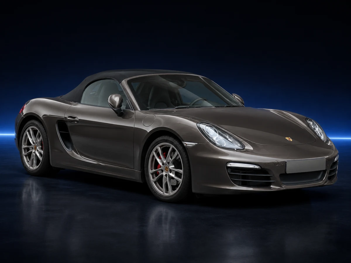 Grey Porsche Boxster 981 roadster on a deep navy and cobalt studio background.