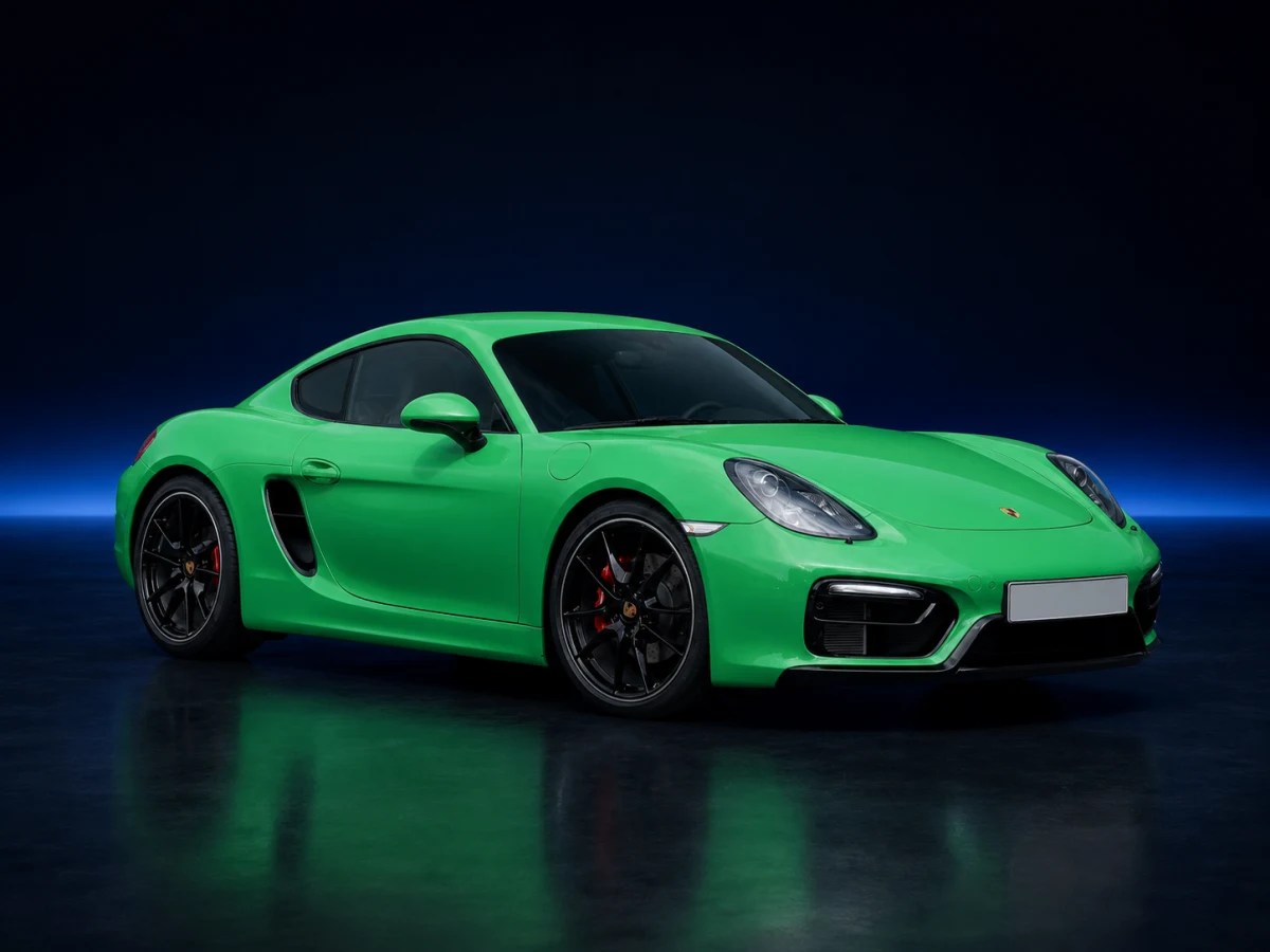 Green Porsche Cayman 981c coupe on a deep navy and cobalt studio background.