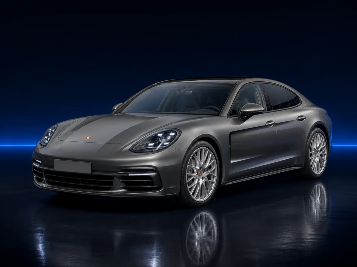 Grey Porsche Panamera 971 liftback on a deep navy and cobalt studio background.