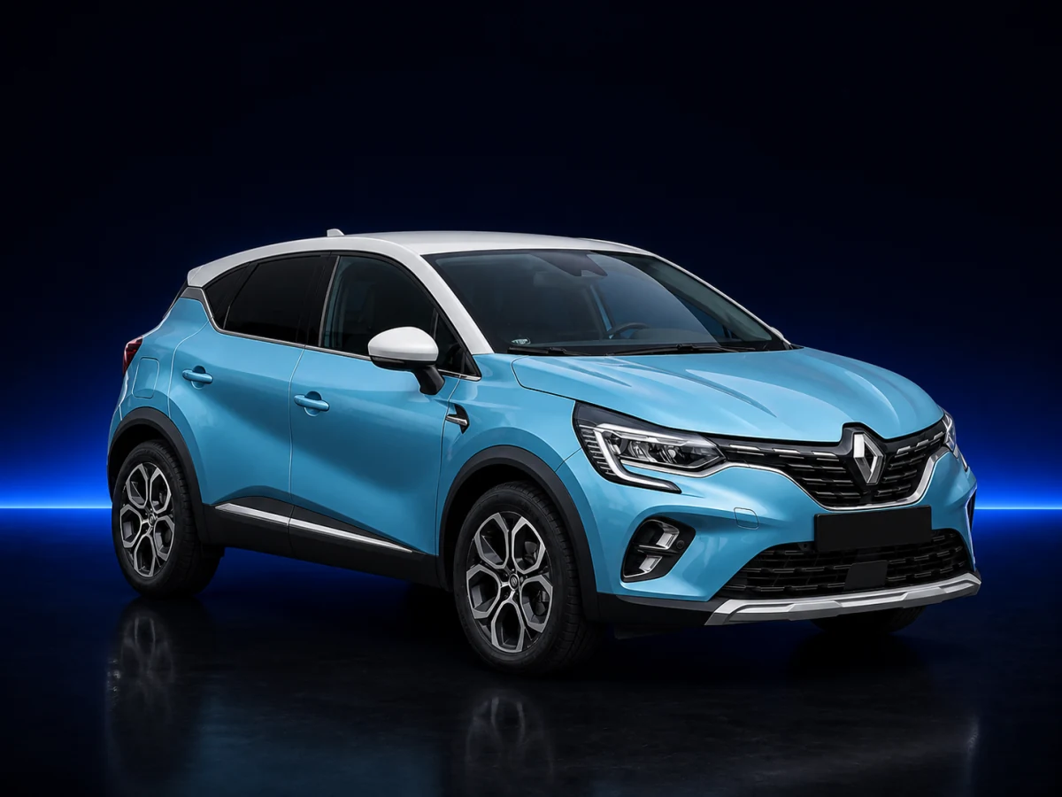 Blue Renault Captur II on a deep navy and cobalt studio background.