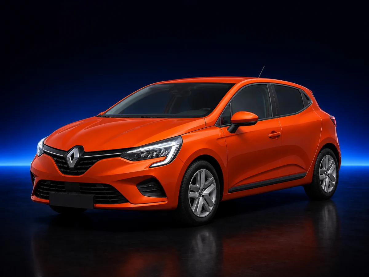 Orange Renault Clio V on a deep navy and cobalt studio background.