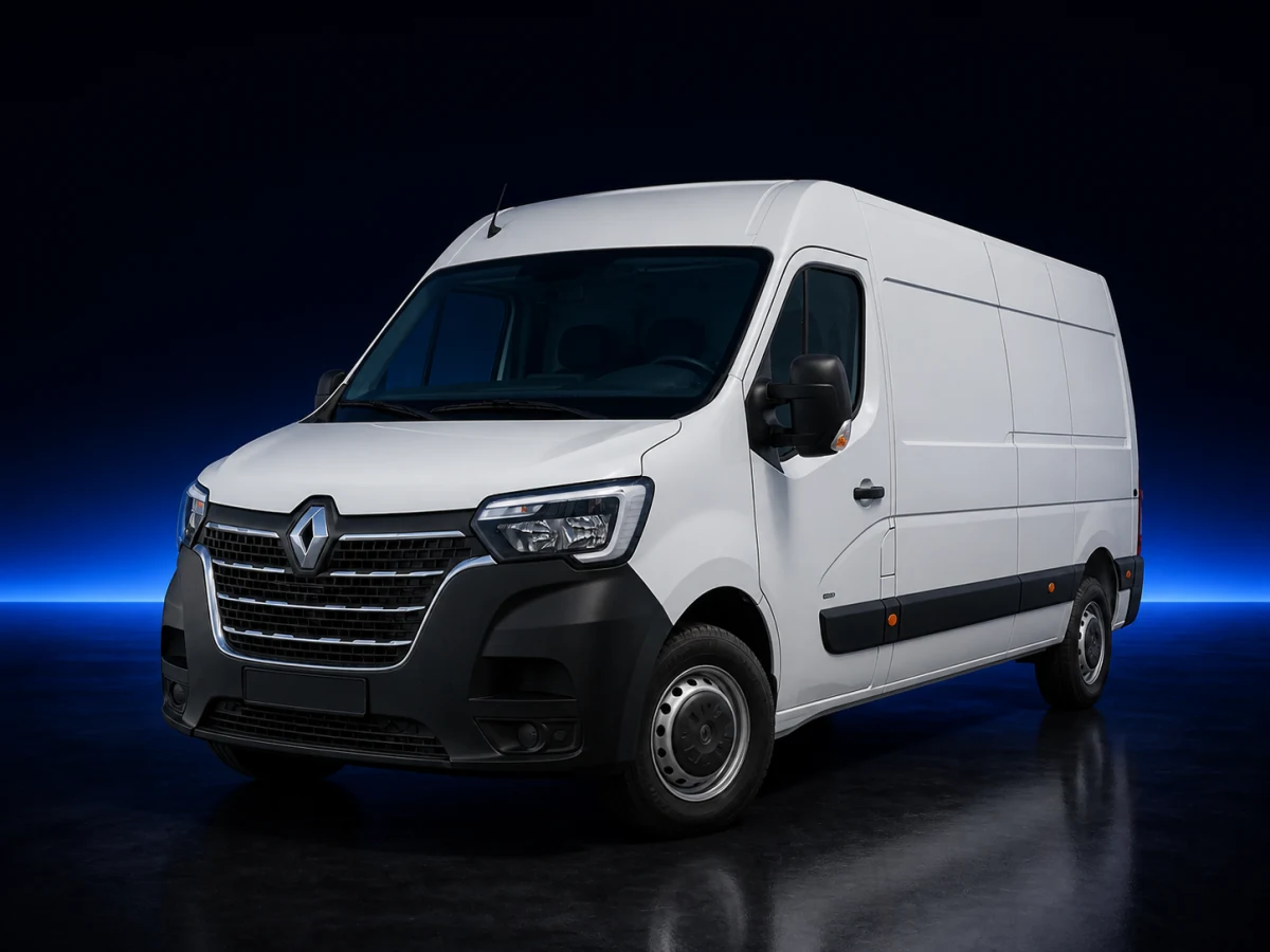 White Renault Master X62 panel van on a deep navy and cobalt studio background.