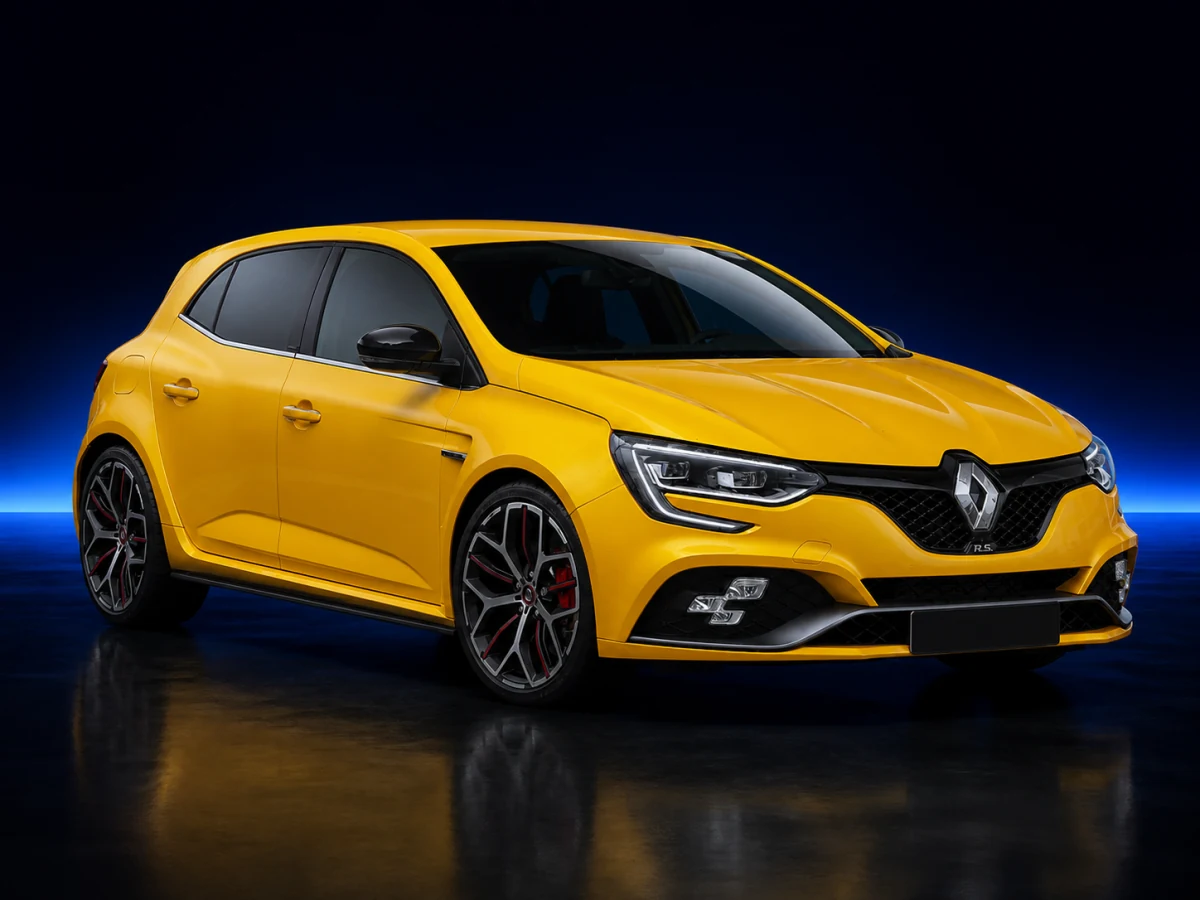 Yellow Renault Megane IV R.S. Trophy on a deep navy and cobalt studio background.