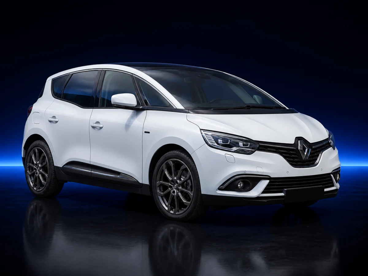 White Renault Scenic IV on a deep navy and cobalt studio background.