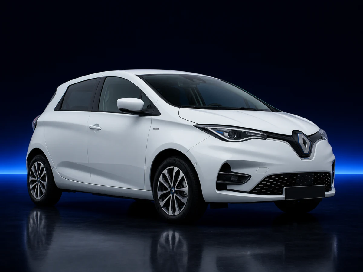 White Renault Zoe ZE50 on a deep navy and cobalt studio background.