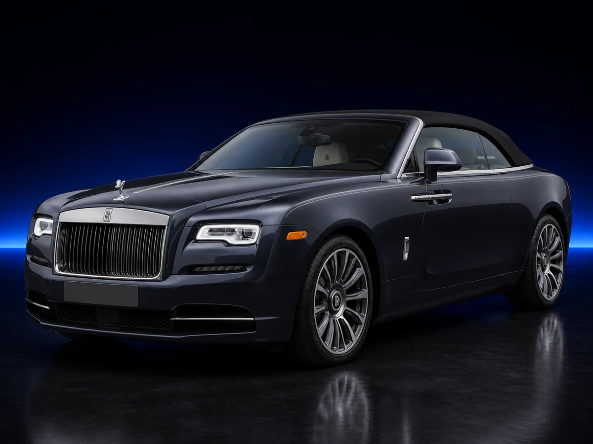 Dark blue Rolls-Royce Dawn on a deep navy and cobalt studio background.