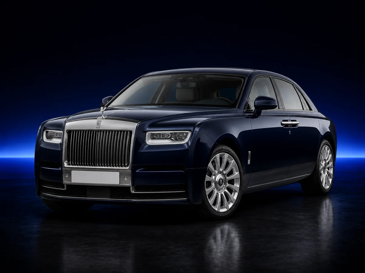 Dark blue Rolls-Royce Phantom on a deep navy and cobalt studio background.