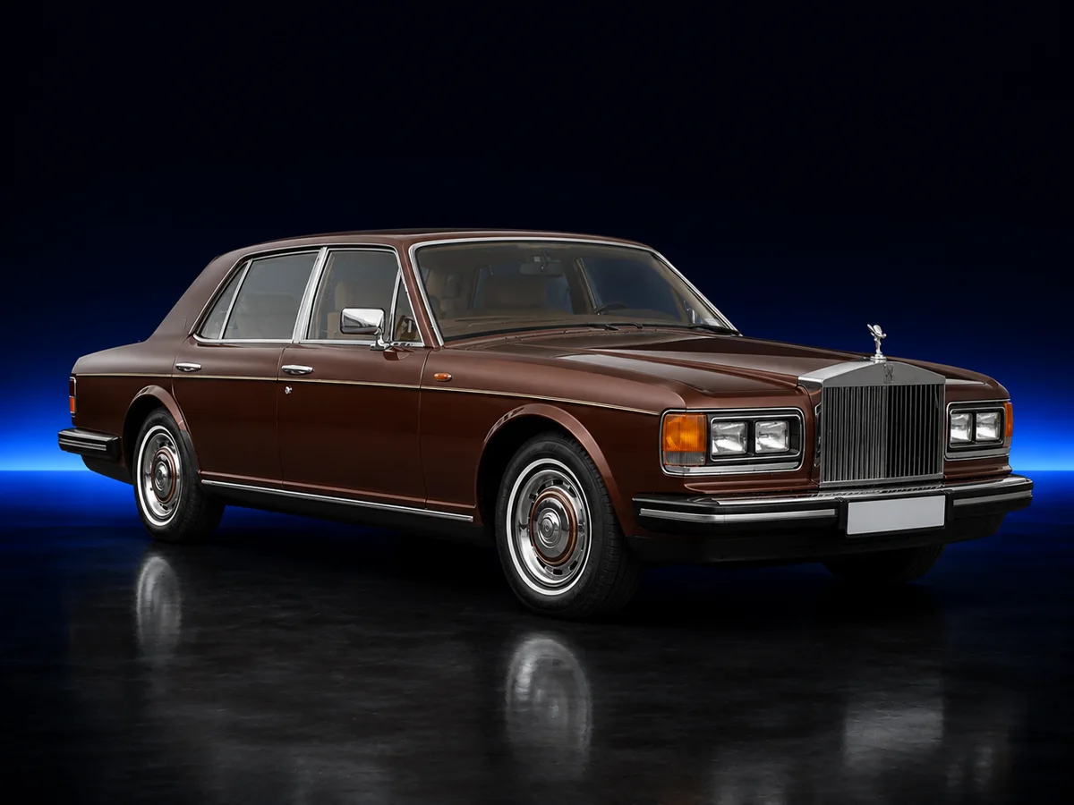 Brown Rolls-Royce Silver Spirit on a deep navy and cobalt studio background.