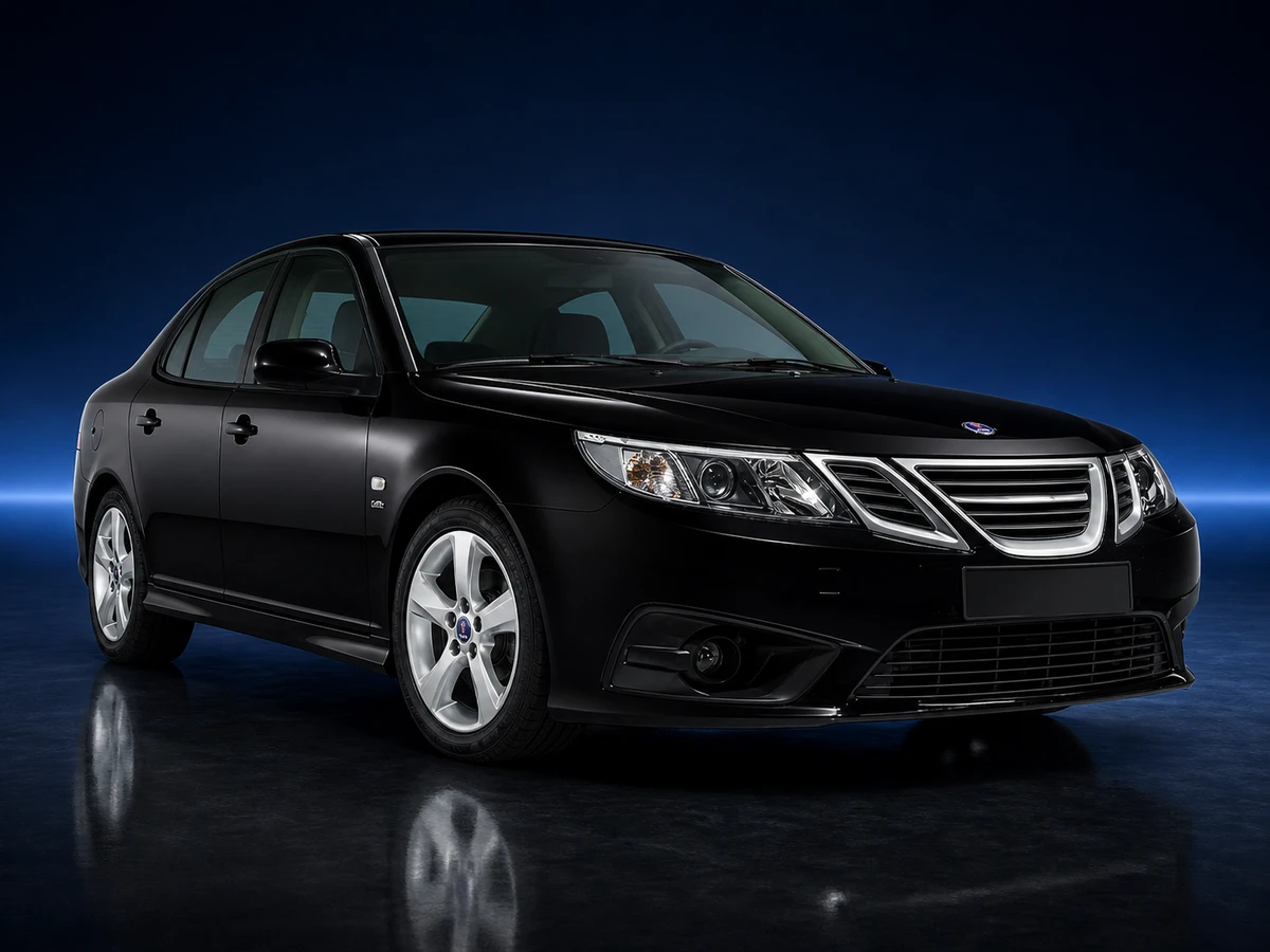 Black Saab 9-3 YS3F Griffin SportSedan on a deep navy and cobalt studio background.