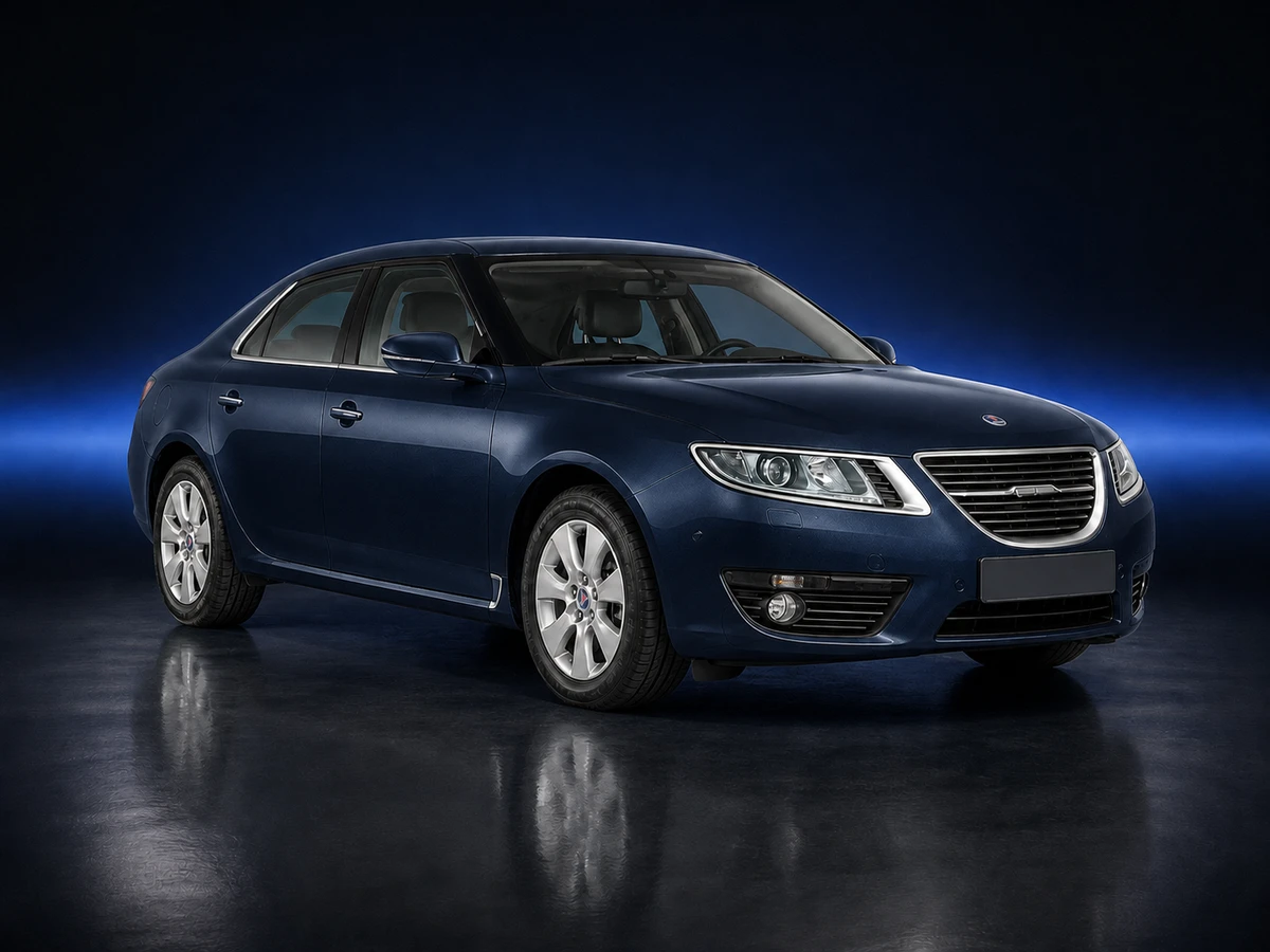 Steel-blue Saab 9-5 YS3G sedan on a deep navy and cobalt studio background.