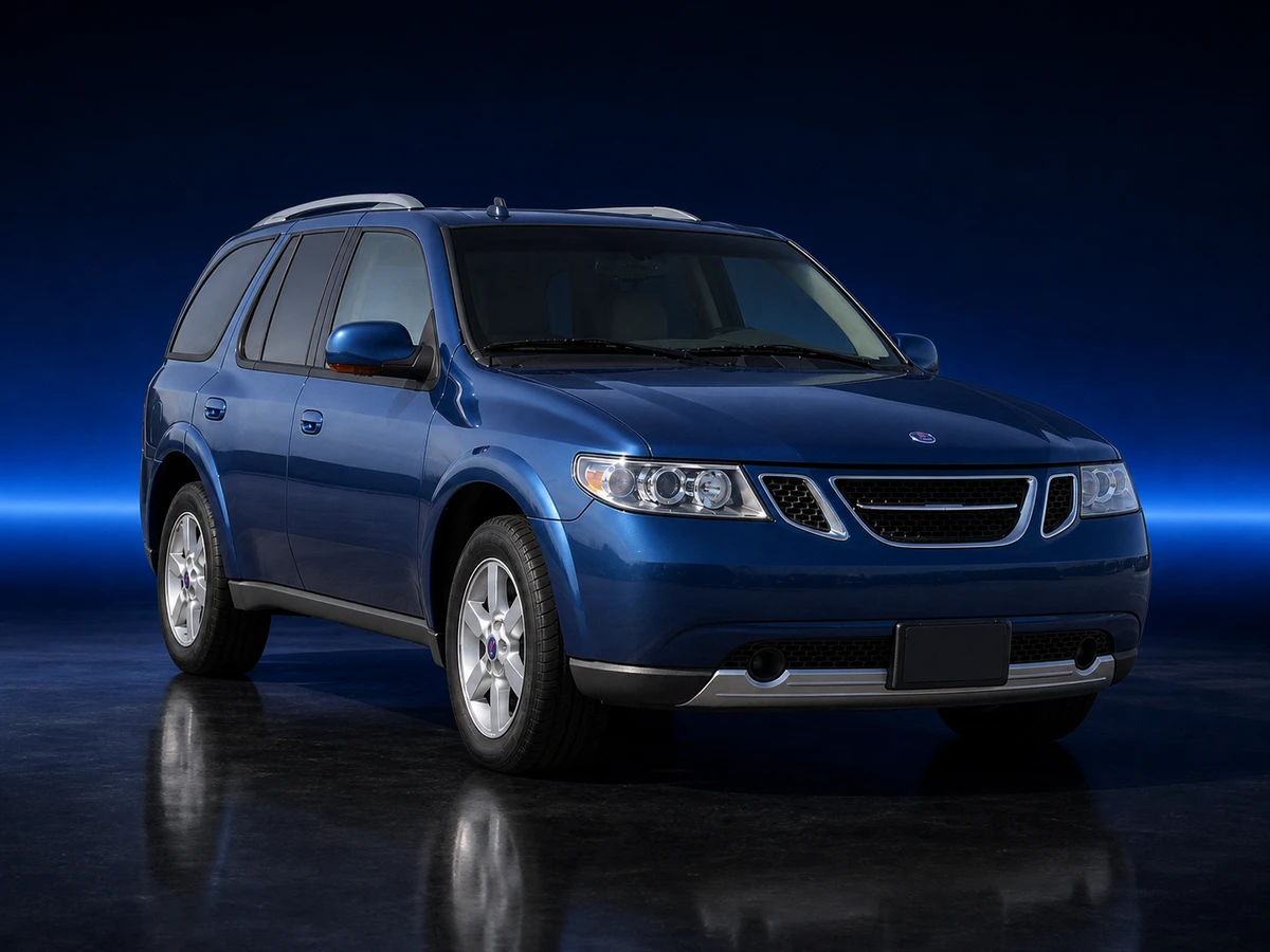 Blue Saab 9-7X GMT360 SUV on a deep navy and cobalt studio background.