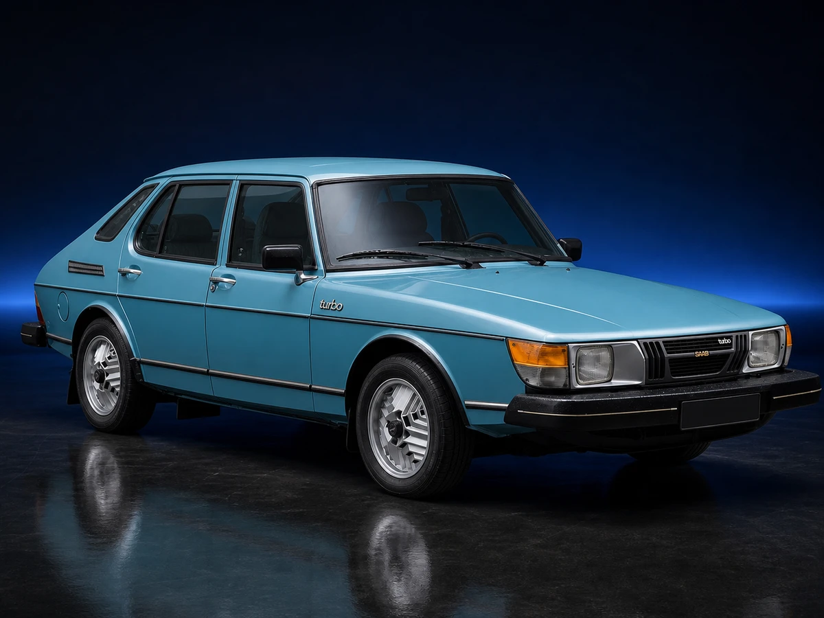 Aquamarine Saab 900 Classic five-door Turbo on a deep navy and cobalt studio background.
