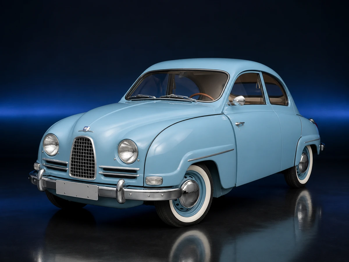 Blue 1959 Saab 93B sedan on a deep navy and cobalt studio background.