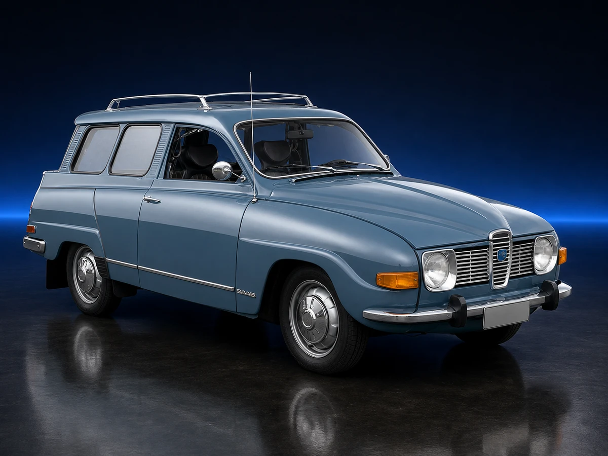 Blue 1972 Saab 95 V4 estate on a deep navy and cobalt studio background.
