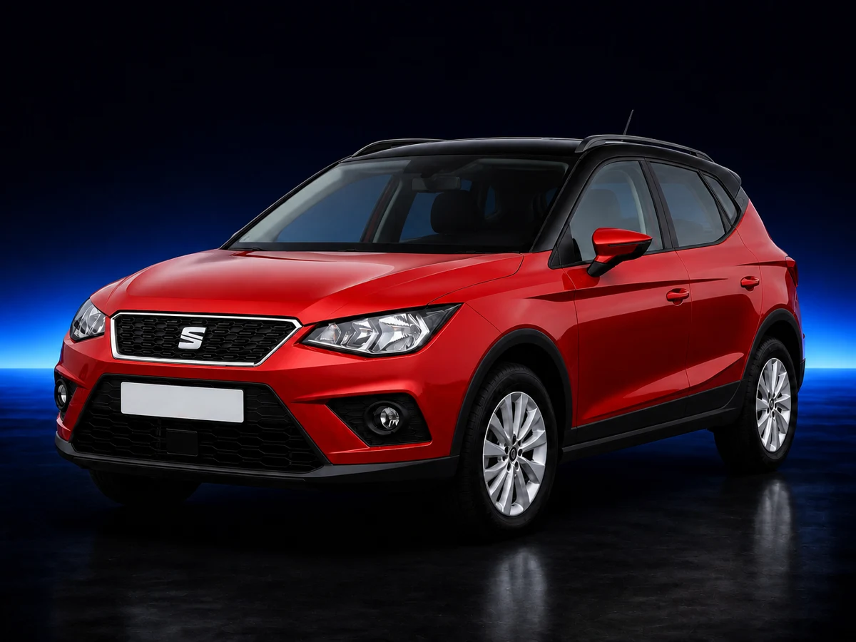 Red SEAT Arona on a deep navy and cobalt studio background.