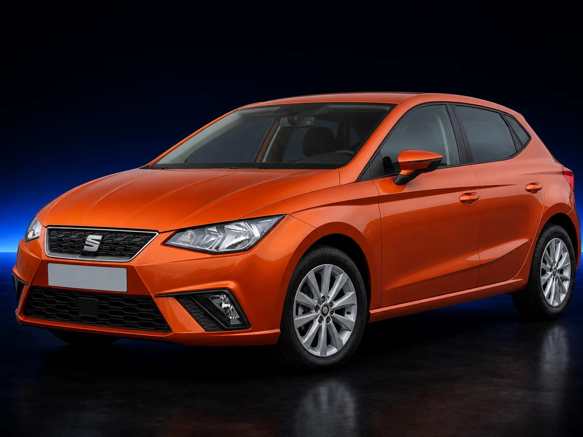 Orange SEAT Ibiza V on a deep navy and cobalt studio background.
