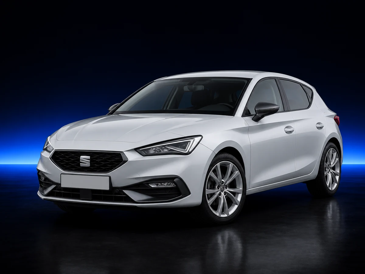 Silver SEAT Leon IV on a deep navy and cobalt studio background.