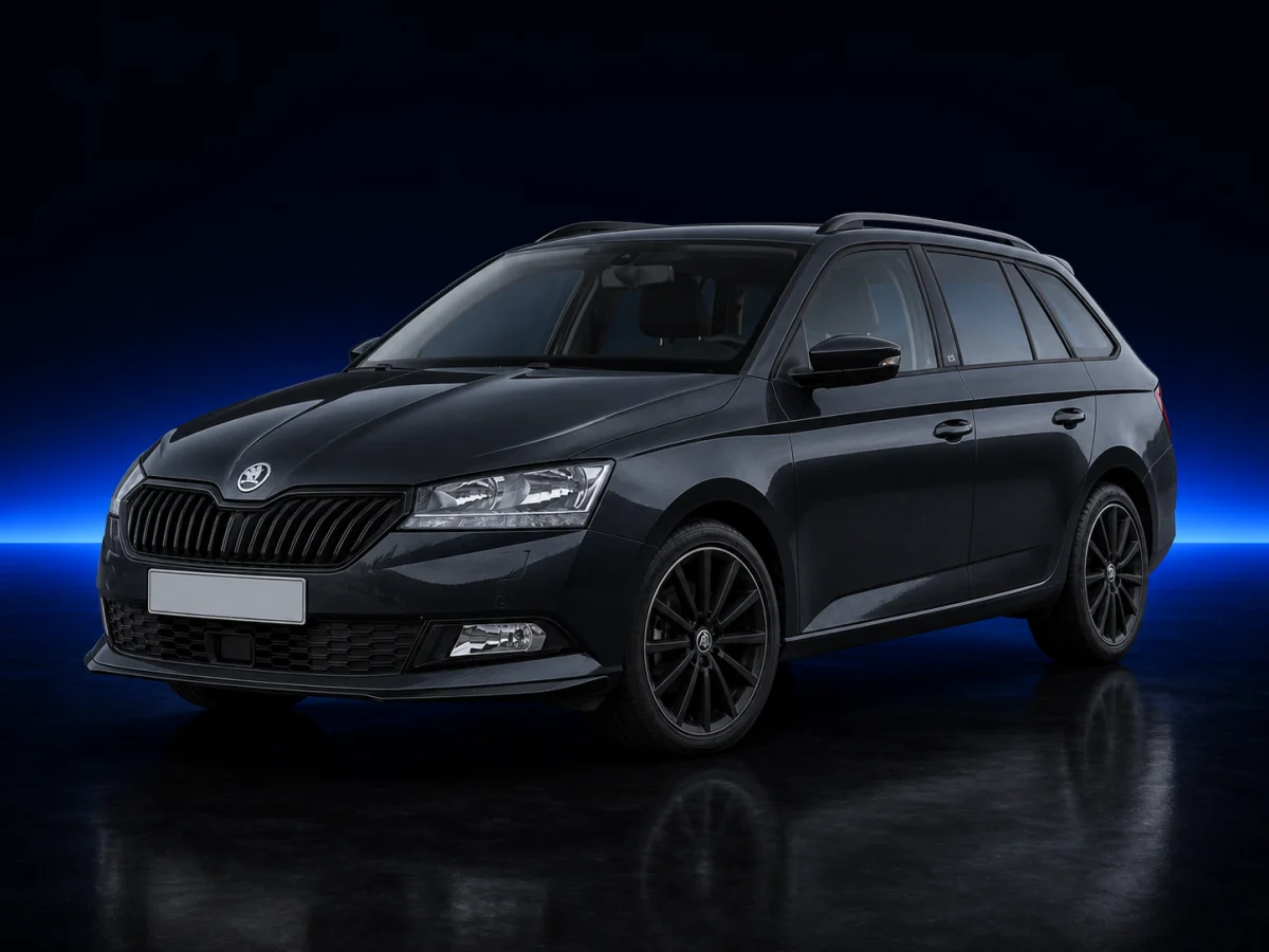 Dark grey Skoda Fabia III estate on a deep navy and cobalt studio background.