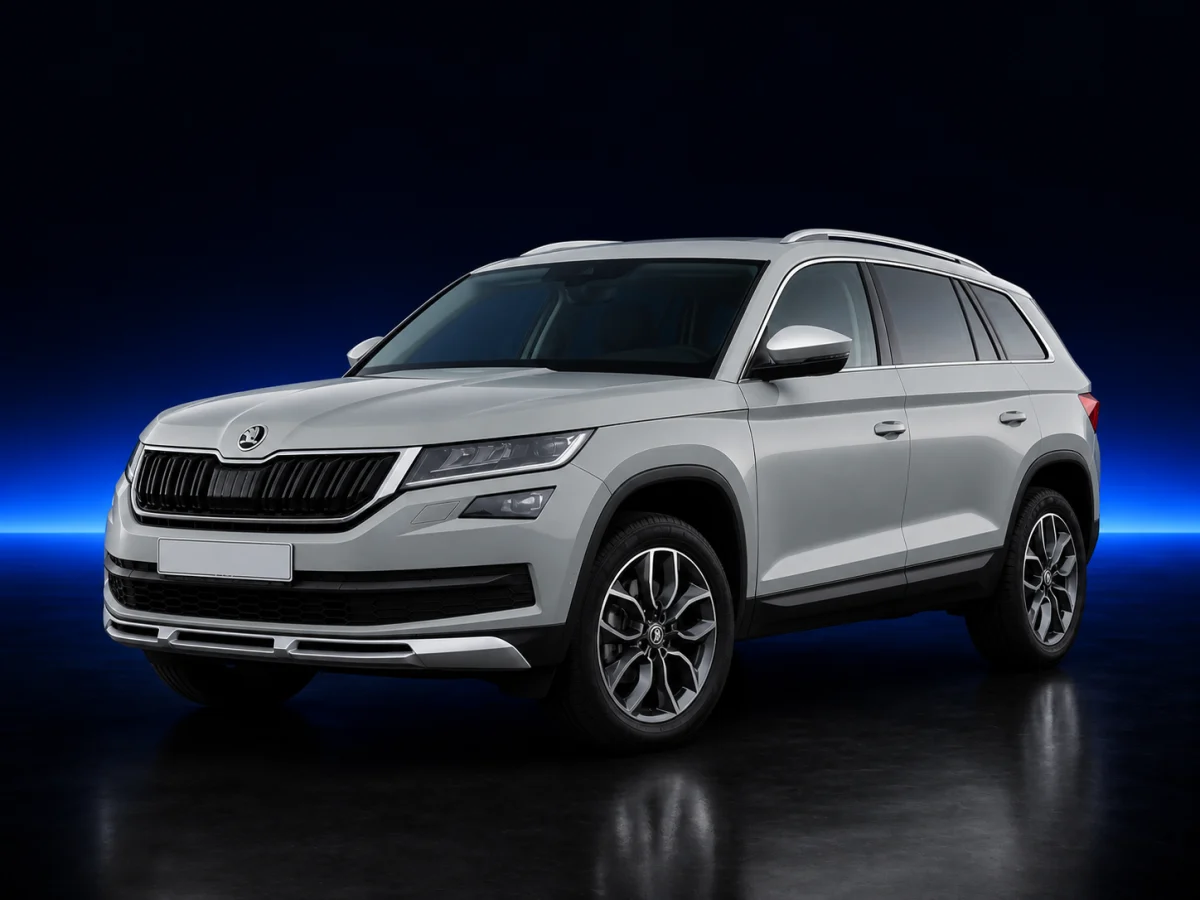 Silver Skoda Kodiaq Scout on a deep navy and cobalt studio background.