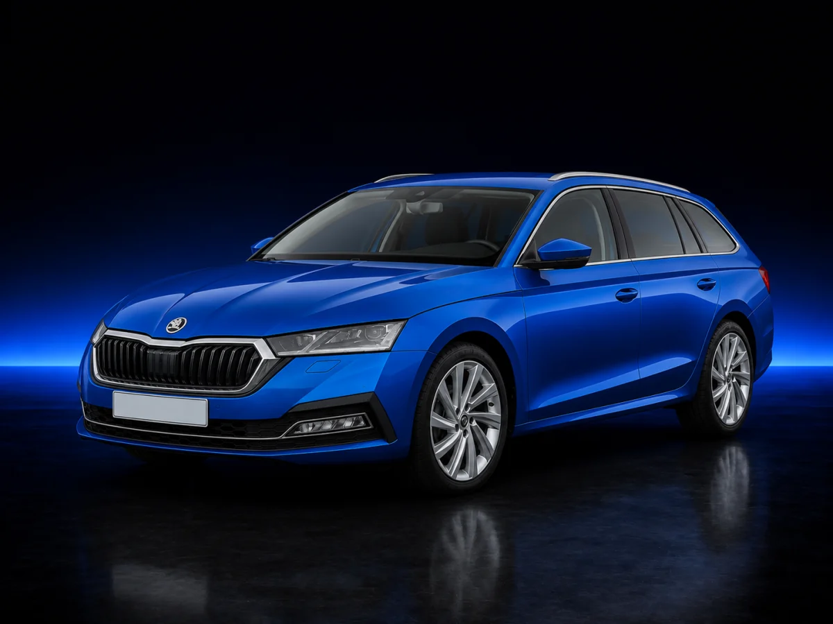 Blue Skoda Octavia IV estate on a deep navy and cobalt studio background.