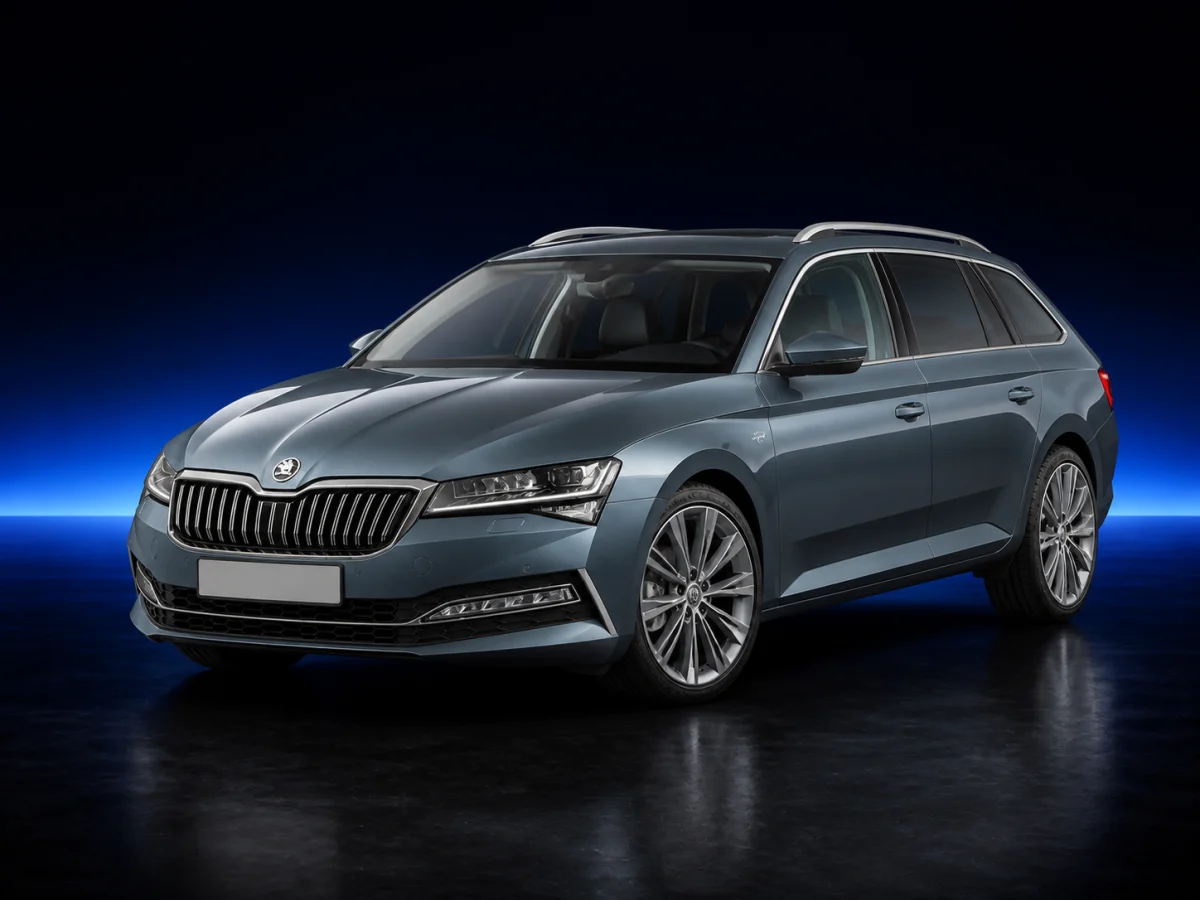 Grey Skoda Superb III estate on a deep navy and cobalt studio background.