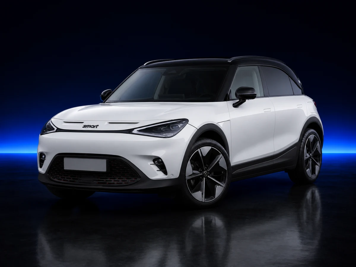 White Smart #1 I EV crossover on a deep navy and cobalt studio background.