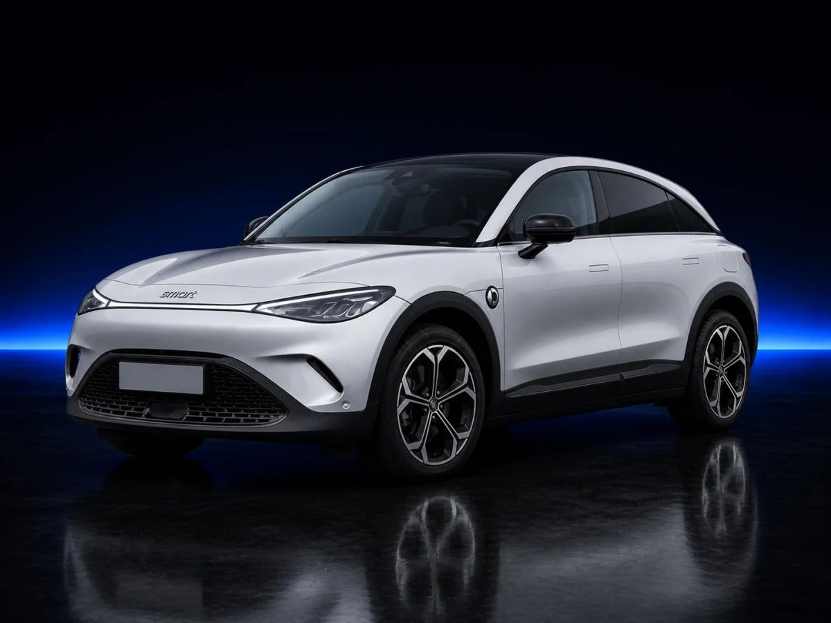 Silver Smart #3 I EV coupé SUV on a deep navy and cobalt studio background.