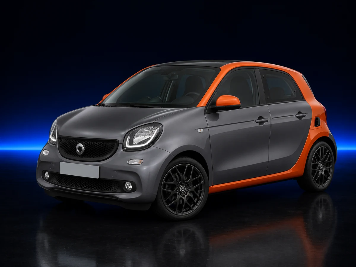 Grey and orange Smart Forfour II W453 hatchback on a deep navy and cobalt studio background.