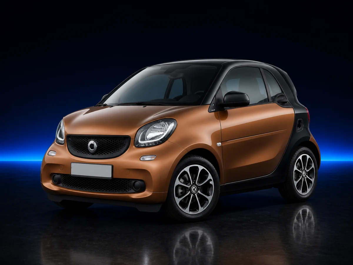 Bronze Smart Fortwo III C453 Passion coupé on a deep navy and cobalt studio background.