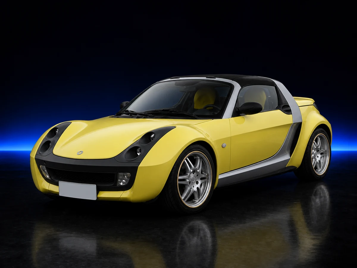 Yellow Smart Roadster I 452 on a deep navy and cobalt studio background.
