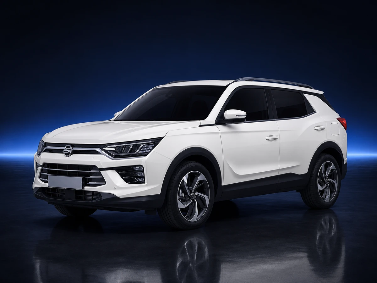 White SsangYong Korando C300 SUV on a deep navy and cobalt studio background.