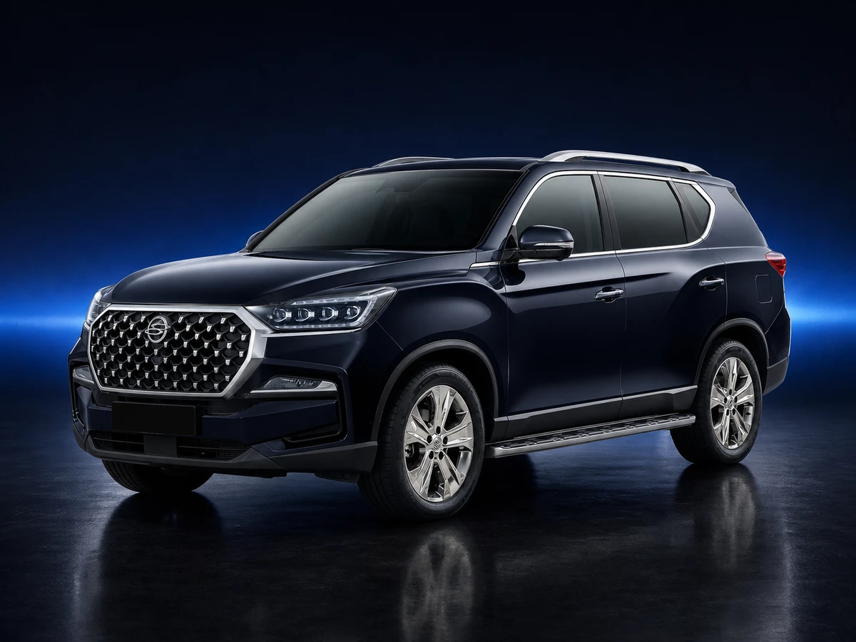 Blue SsangYong Rexton Y450 facelift SUV on a deep navy and cobalt studio background.