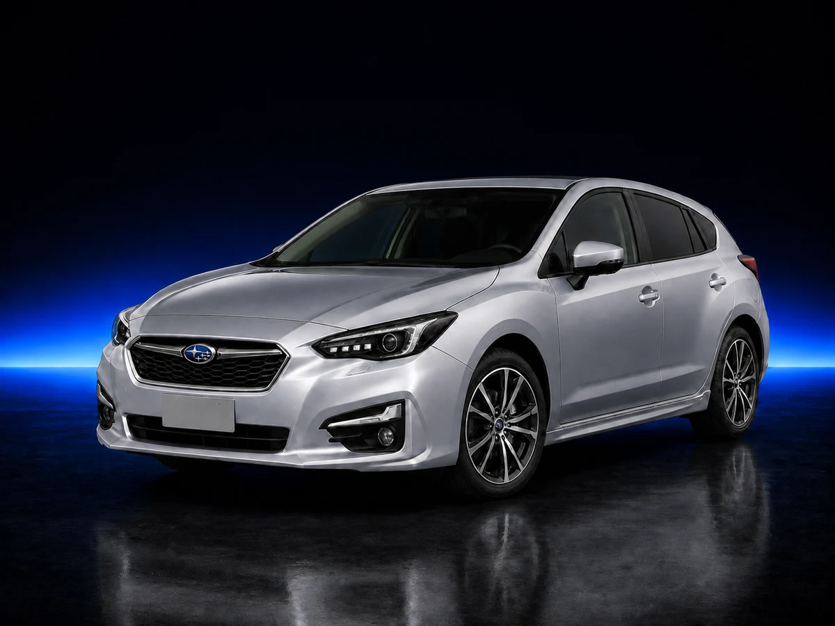 Silver Subaru Impreza fifth-generation Sport on a deep navy and cobalt studio background.