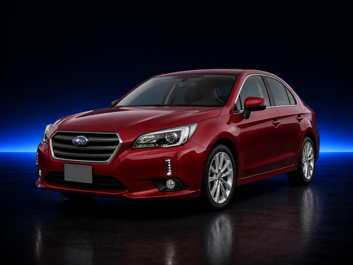 Red Subaru Legacy sixth-generation B4 saloon on a deep navy and cobalt studio background.
